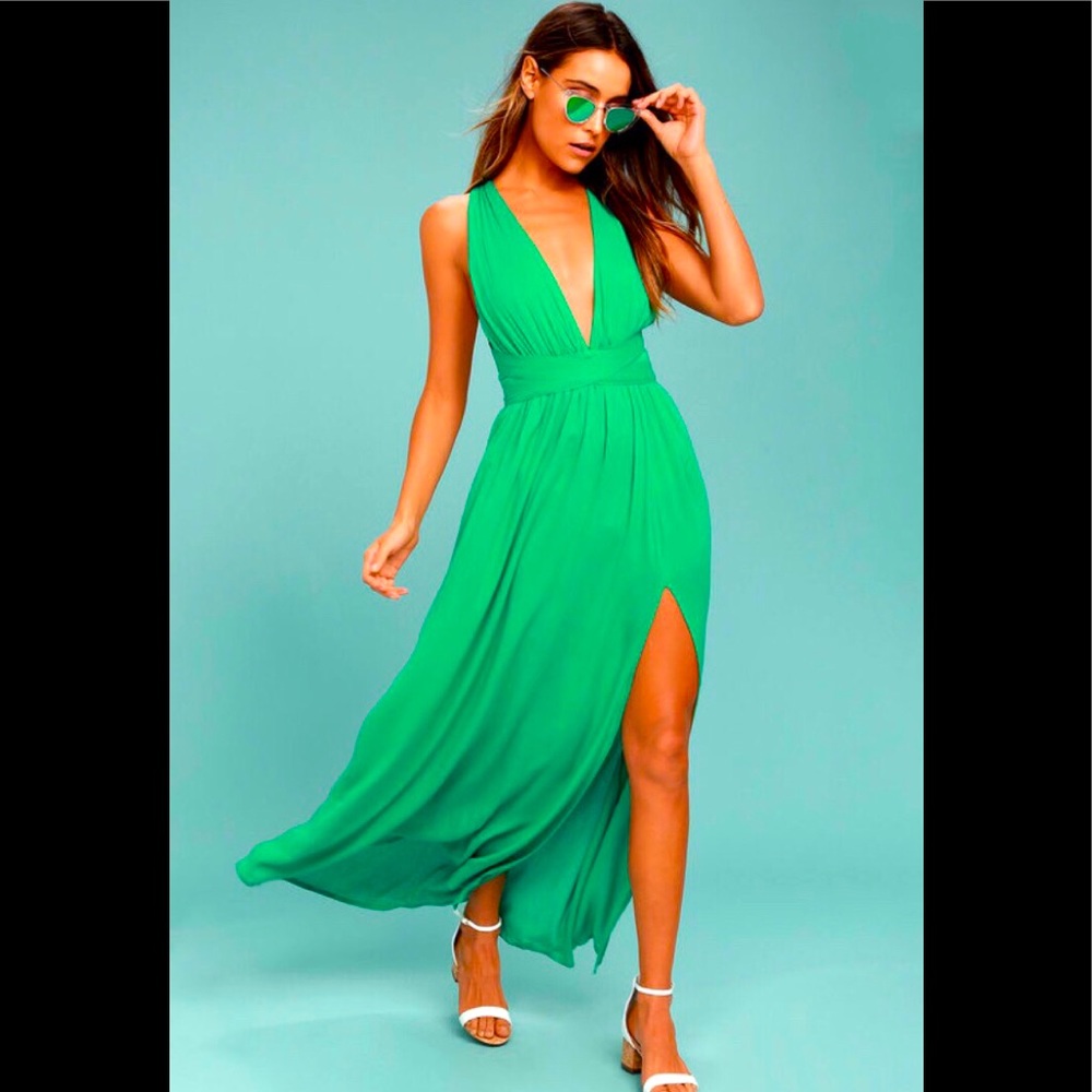 Lulus Passionate embrace green goddess maxi dress halter tie bow maxi strappy